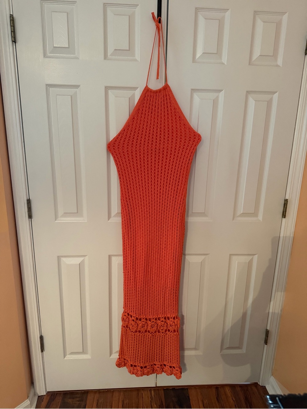 Marciano Coral Halter Crochet Maxi Dress